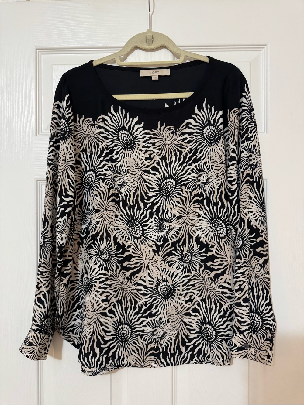 LOFT Black and Cream Floral Sunburst Long Sleeve Tee